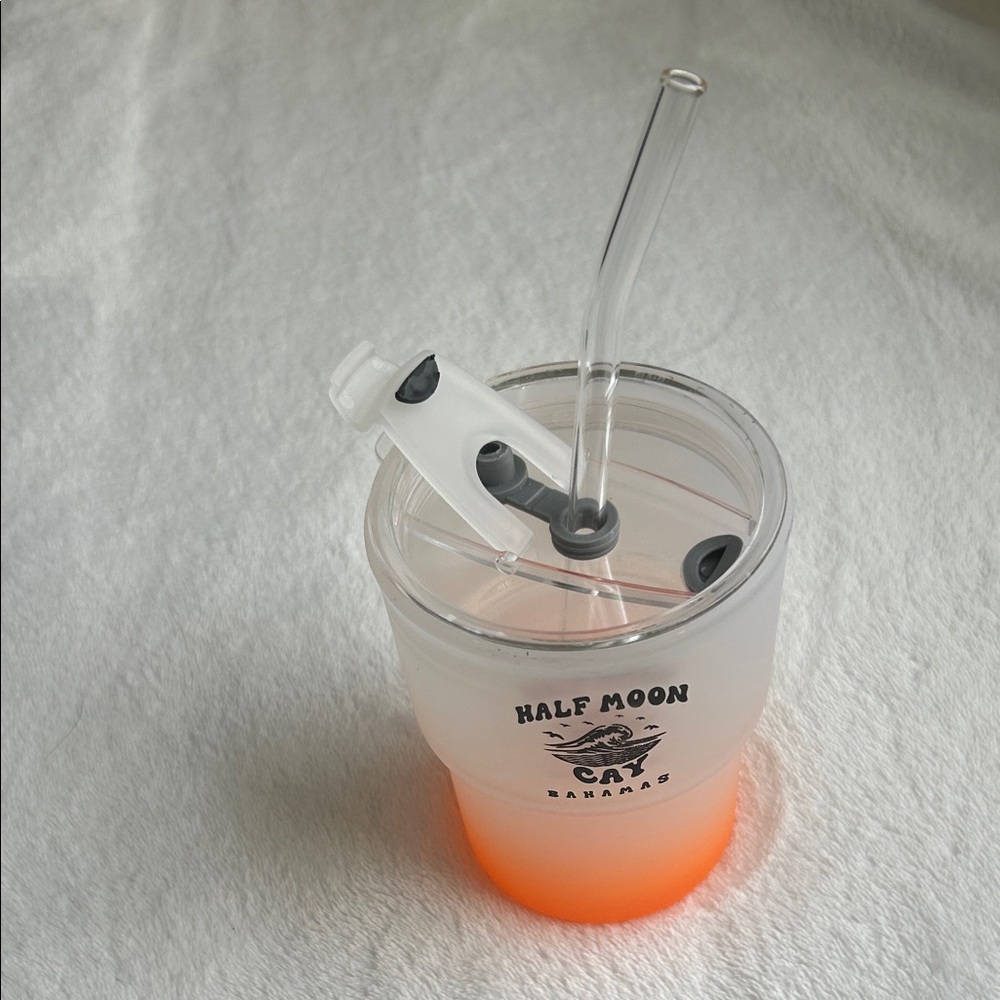 Frosted Orange Glass Beach Cup with Glass Straw